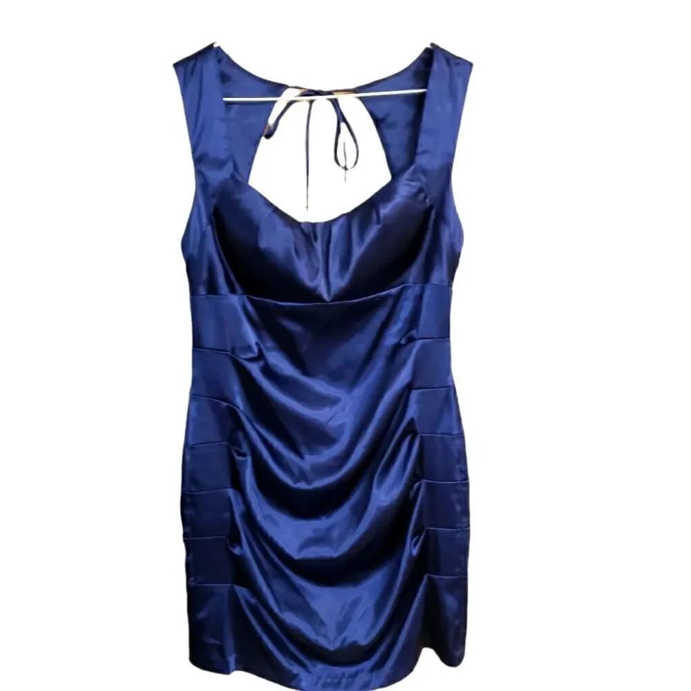 Windsor Metallic Blue Satin Side Pleats Tie Around Bodycon Dress Size 13 NWT